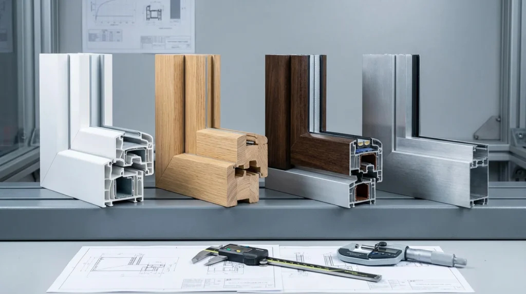 Ein Foto zeigt vier Fenstermuster nebeneinander auf einem Labortisch: ein weißes PVC-Profil, ein Stück Naturholz, einen Holz-Aluminium-Hybridrahmen und ein weiteres Material, das nicht vollständig im Bild ist.