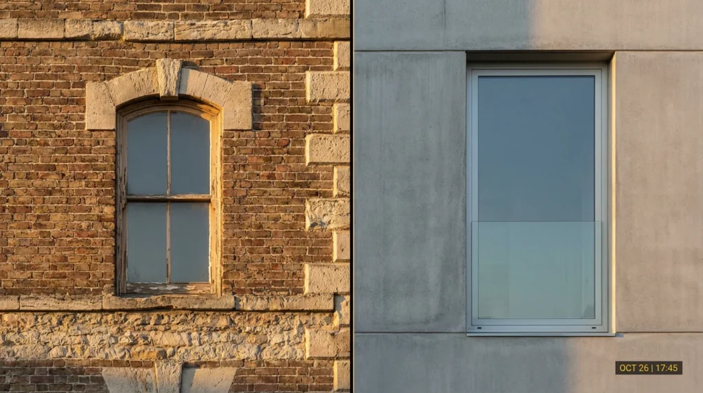 Eine geteilte Aufnahme zeigt den Kontrast zwischen alt und neu: Links sieht man eine historische Backsteinfassade mit verwitterten Kalksteinfenstern, rechts eine moderne Glasfassade mit großen, klaren Fenstern.