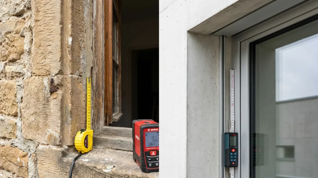 Ein professionelles Architekturfoto zeigt einen Vergleich: Links ein Altbau-Fenster mit unregelmäßigen Formen und historischer Mauer, rechts ein modernes Gebäude mit klaren Linien und glatten Oberflächen. Ein spannender Kontrast zwischen alt und neu.