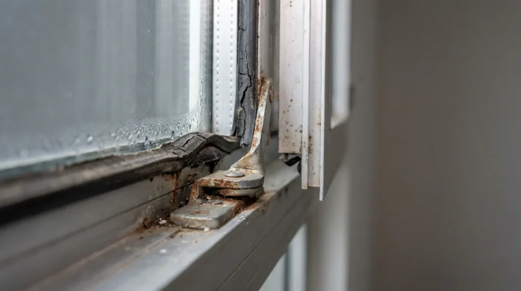 Nahaufnahme von alten Fensterbeschlägen: Metall-Scharniere mit sichtbaren Gebrauchsspuren und gealterten Gummidichtungen. Leichte Kondensation an den Rändern des Glases, sanftes Tageslicht beleuchtet die Szene.