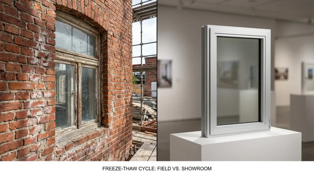 Ein professionelles Foto von einer Baustelle zeigt ein altes Fenster, das in eine echte Ziegelmauer eingesetzt ist. Man sieht die Spuren von Frost-Tau-Zyklen und authentische Mörtelfugen.