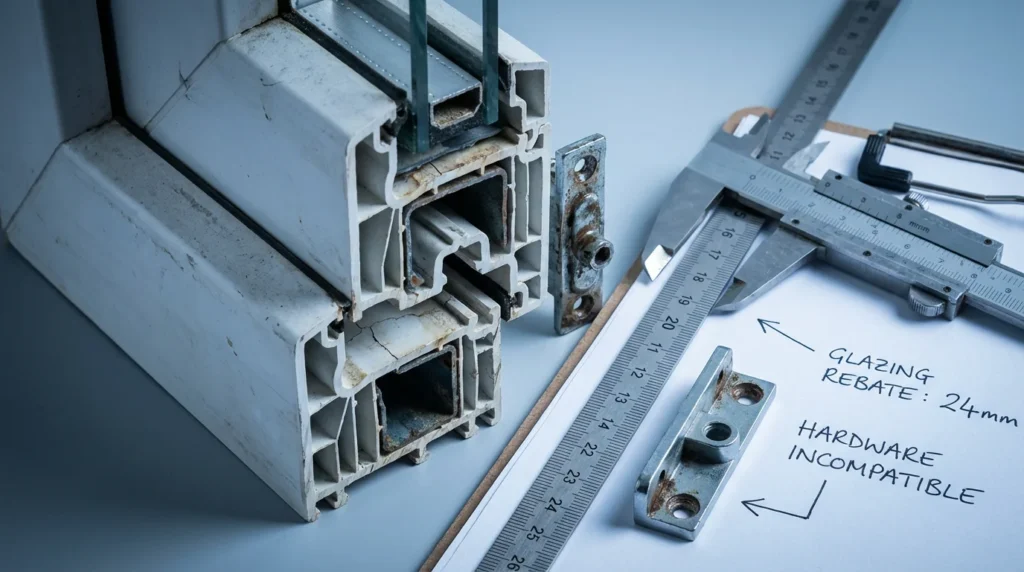 Nahaufnahme eines alten PVC-Fensterprofils im Querschnitt. Man sieht die Struktur, aber auch veraltete Befestigungspunkte, die nicht zu modernen Beschlägen passen.