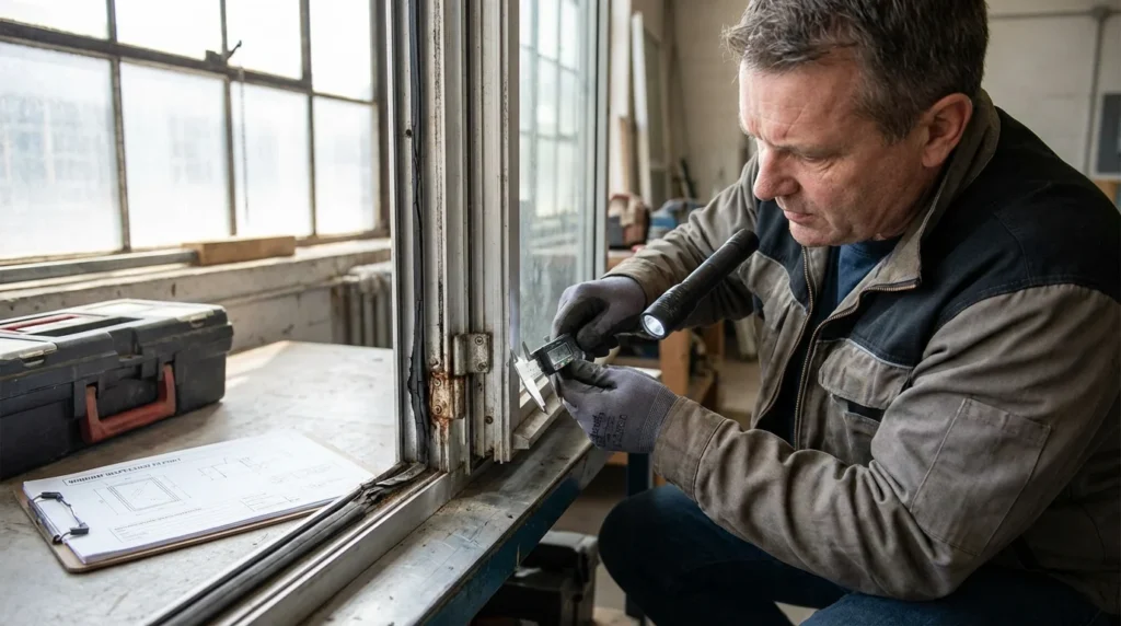 Ein Techniker überprüft die Gummidichtungen und Mechanik eines 15 Jahre alten Aluminiumfensters. Er nutzt präzise Messwerkzeuge, um den Zustand der Bauteile zu beurteilen. Die Szene wirkt professionell und konzentriert.