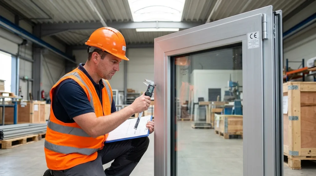 Ein Qualitätsprüfer in Sicherheitsweste untersucht einen neu gelieferten Aluminiumfensterrahmen mit silberner Metallic-Oberfläche. Er benutzt eine digitale Schieblehre, um den Rahmen genau zu vermessen.