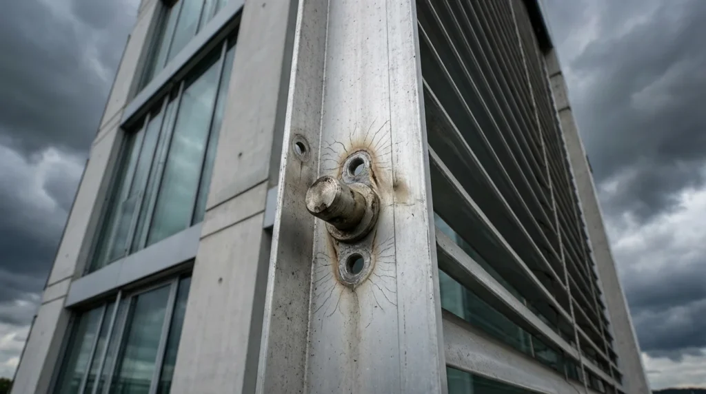 Nahaufnahme einer Aluminiumführungsschiene und eines Drehzapfens an einem Außenjalousiesystem. Sichtbare Mikro-Risse und Stressspuren im Metall deuten auf wiederholte Beanspruchung hin.