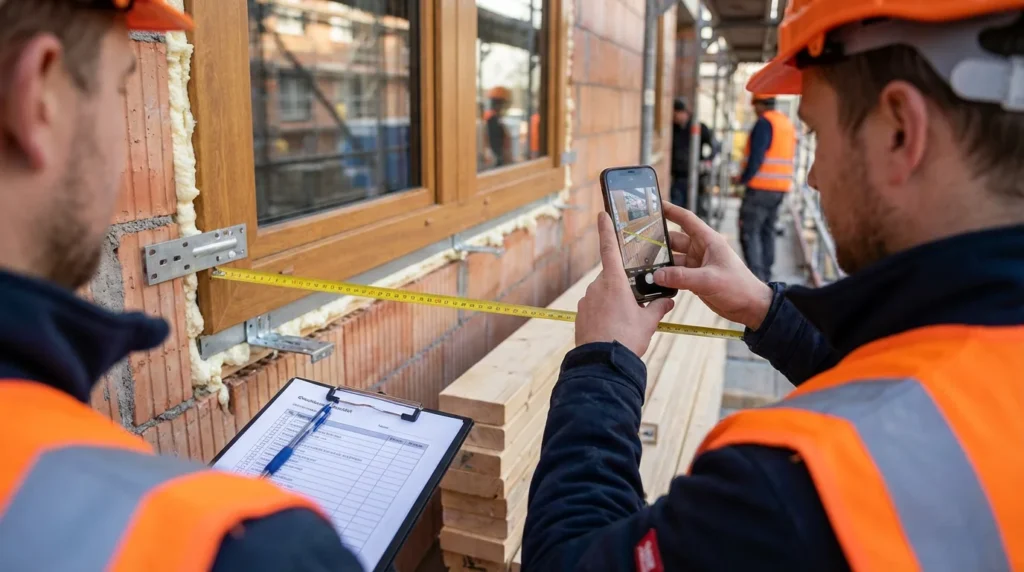 Ein Bauarbeiter in Sicherheitsweste fotografiert mit seinem Smartphone einen neu installierten Fensterrahmen auf einer Baustelle. Ein Maßband liegt daneben auf dem unversiegelten Fensterbrett.