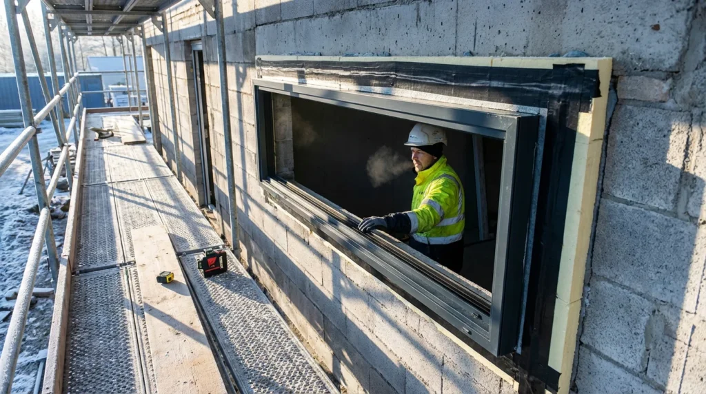 Ein Bauarbeiter in Sicherheitskleidung inspiziert einen neu installierten Fensterrahmen an einer Baustelle. Das Fenster ist in rohem Mauerwerk eingebaut und der Arbeiter überprüft die Qualität der Installation.