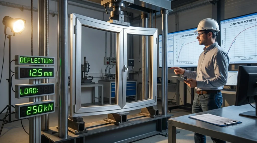 Ein Bauingenieur in einem modernen Testlabor untersucht einen großen Aluminiumfensterrahmen unter Belastungstestgeräten. Digitale Anzeigen zeigen Messdaten, während der Rahmen sichtbar unter Druck steht.