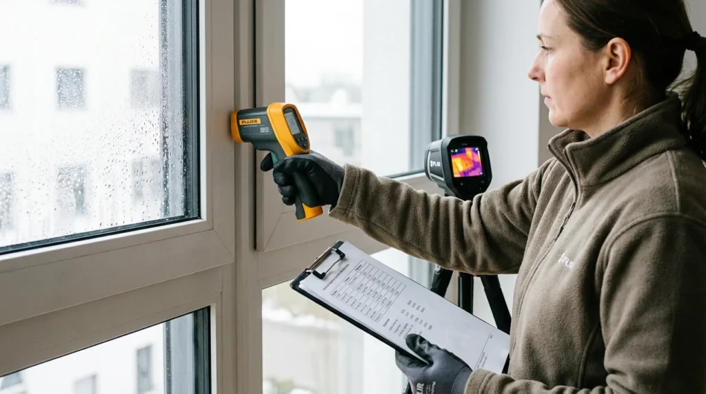 Ein Bauinspektor misst mit einem Infrarotthermometer die Temperatur an einem Fensterrahmen. Er notiert die Ergebnisse auf einem Klemmbrett, während eine Wärmebildkamera daneben steht.