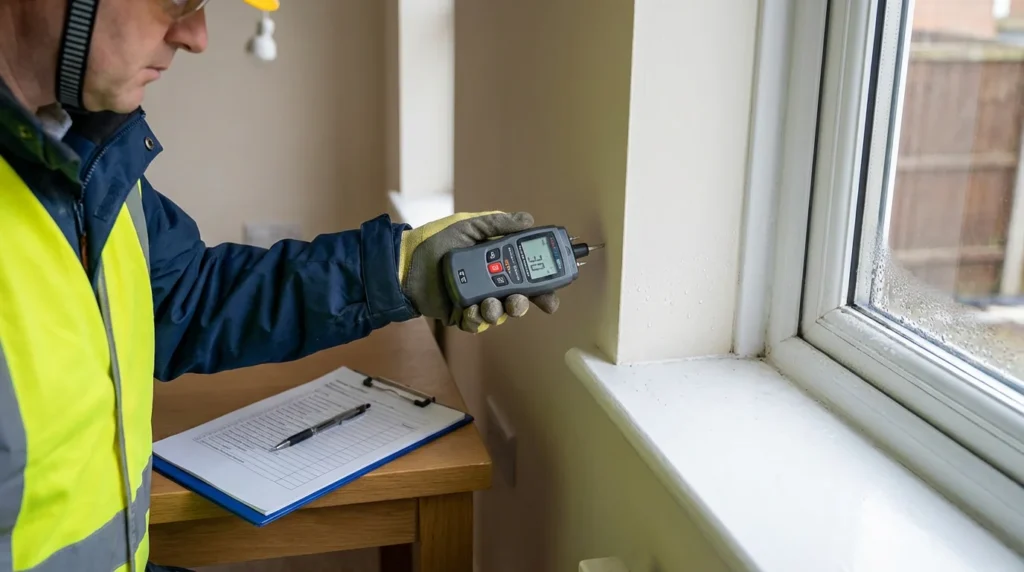 Ein Bauinspektor in Sicherheitsweste überprüft mit einem Feuchtigkeitsmesser den Innenbereich eines Fensters auf Kondensationsprobleme. Er konzentriert sich auf die Verbindung zwischen Fensterrahmen und Wand.
