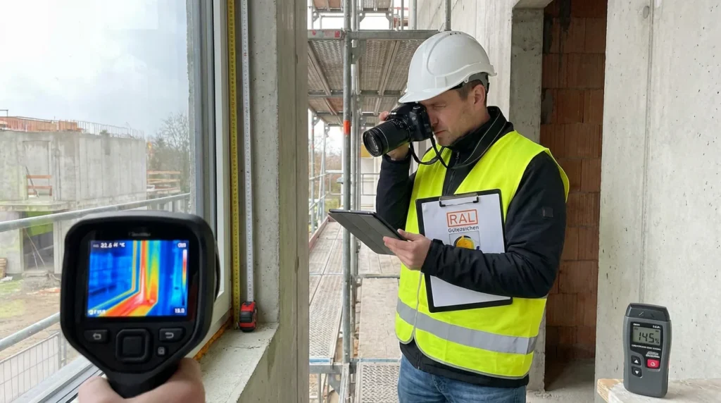 Ein Bauinspektor steht mit einem Klemmbrett in der Hand vor einem Fenster. Er fotografiert die Details der Fensterinstallation. Neben ihm zeigt eine Wärmebildkamera mögliche Luftlecks an.