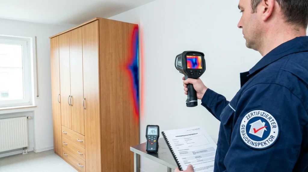 Ein zertifizierter Bauinspektor hält eine Wärmebildkamera und untersucht eine Innenecke einer Wand. Auf dem Bildschirm sieht man Temperaturunterschiede, die auf eine Wärmebrücke hinweisen.
