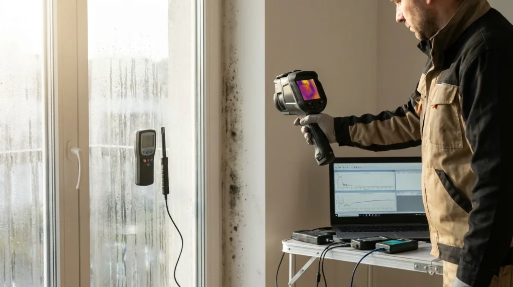 Ein Bausachverständiger untersucht in einer modernen Wohnung ein Fenster mit Kondenswasser und ersten Schimmelspuren. Er benutzt eine Wärmebildkamera und ein digitales Hygrometer, um Daten zu sammeln.