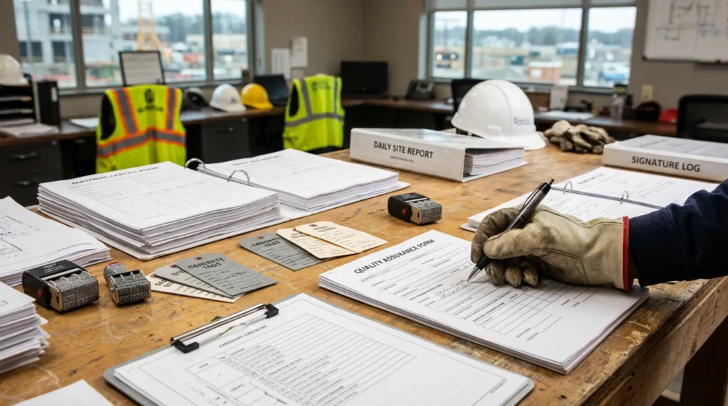 Ein Tisch auf einer Baustelle, bedeckt mit offiziellen Papieren und Zertifikaten. Eine behandschuhte Hand hält einen Stift und unterschreibt ein Dokument. Alles wirkt gut organisiert und professionell.