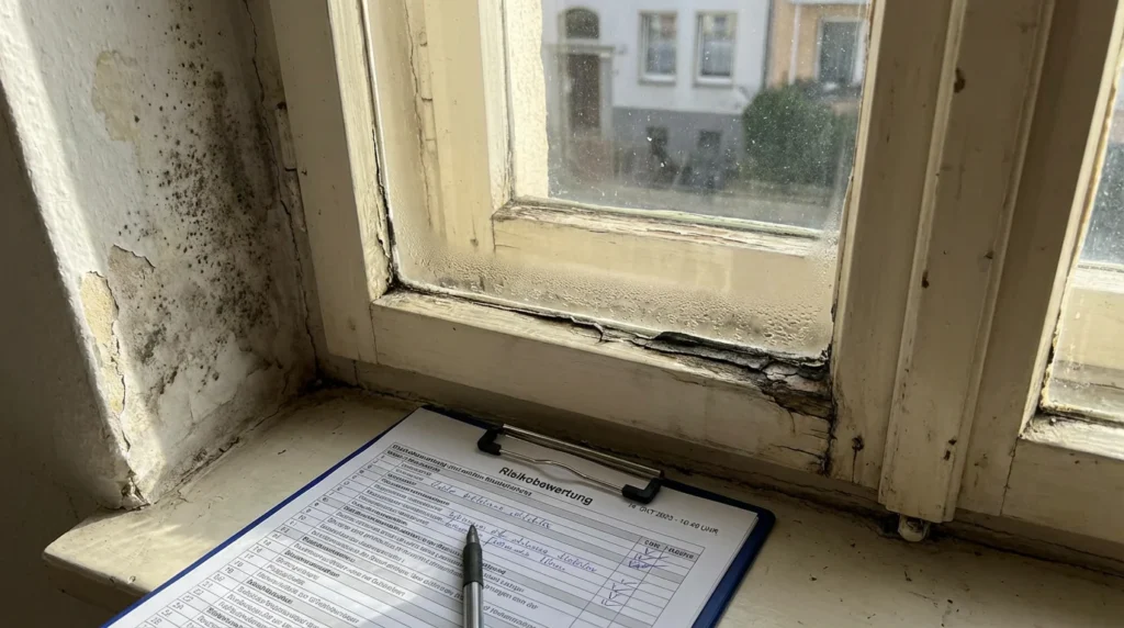 Ein professionelles Foto zeigt ein beschädigtes Fenster in einem deutschen Wohngebäude. Man sieht Feuchtigkeitsschäden, Schimmel um den Fensterrahmen und bröckelnden Putz an der Wand.