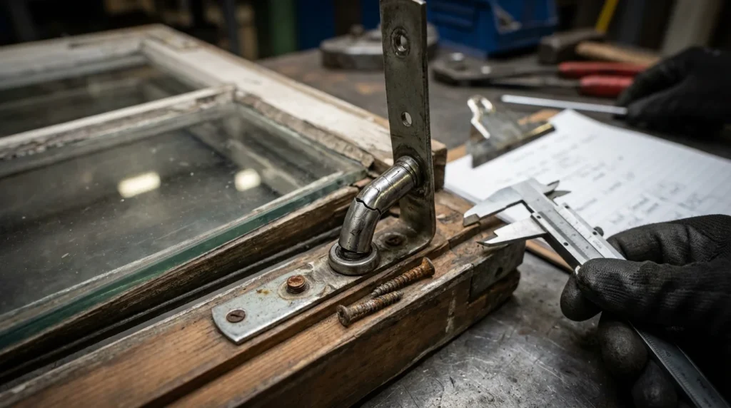 Nahaufnahme eines beschädigten Fensterscharniers. Man sieht deutliche Materialermüdung und Verformung am Bolzen. Der schwere, dreifach verglaste Fensterflügel hängt leicht schief.