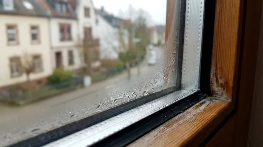 Nahaufnahme eines beschlagenen Fensters mit Wassertropfen, die sich an der Innenseite der Doppelverglasung entlang des Rahmens gebildet haben. Die Feuchtigkeit sammelt sich an den Rändern und erzeugt ein interessantes Muster.