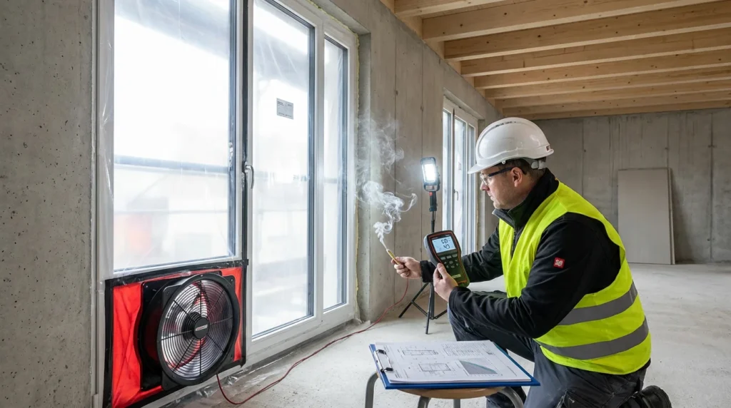 Ein Techniker führt einen Blower-Door-Test an einem neu installierten Fenster durch. Er verwendet ein digitales Messgerät, um den Druck zu messen. Eine transparente Plastikfolie ist über den Fensterrahmen gespannt.