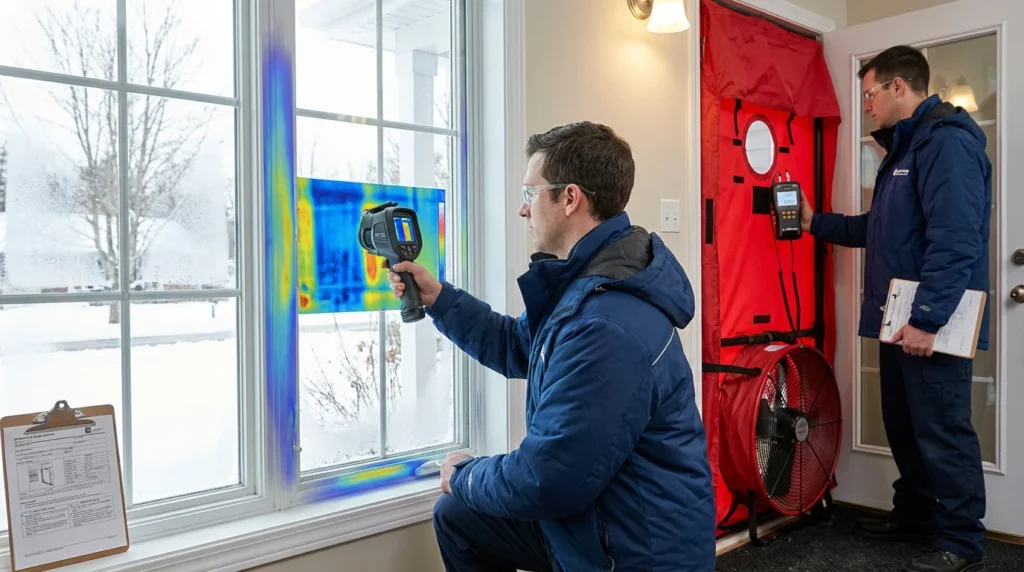 Ein Techniker führt einen Blower-Door-Test an einer großen Fensterinstallation durch. Ein roter Druckventilator ist in der benachbarten Tür montiert, und ein digitales Manometer zeigt die Messwerte an.