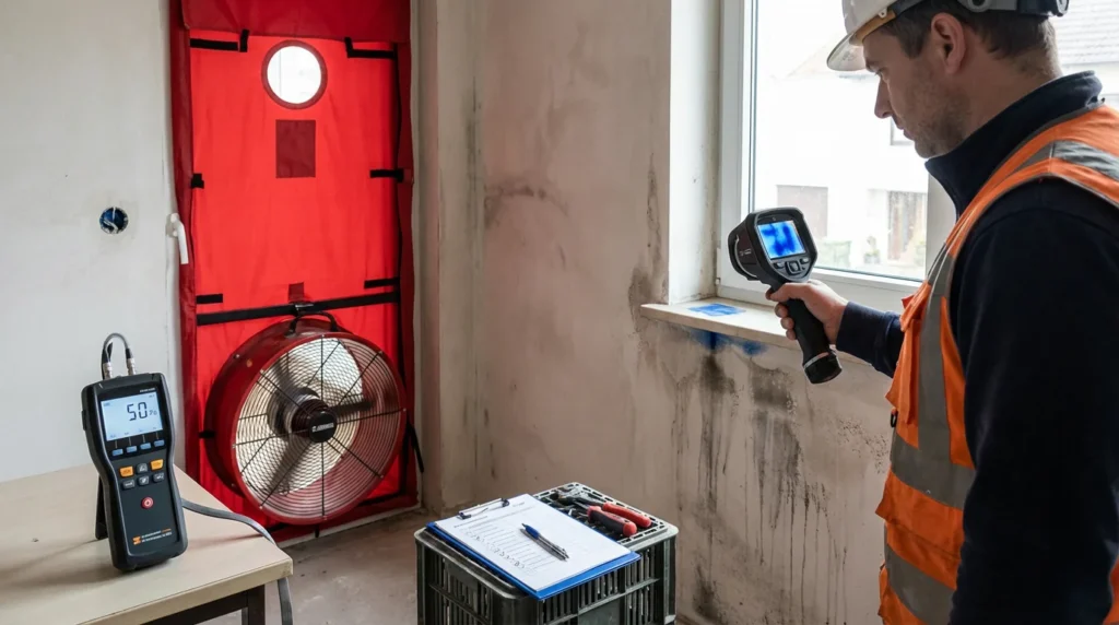 Ein Bauinspektor führt einen Blower-Door-Test an einem neu installierten Fenster durch. Er benutzt eine Wärmebildkamera, um Luftlecks unter der inneren Fensterbank zu erkennen. Im Hintergrund sieht man einige Bauwerkzeuge.