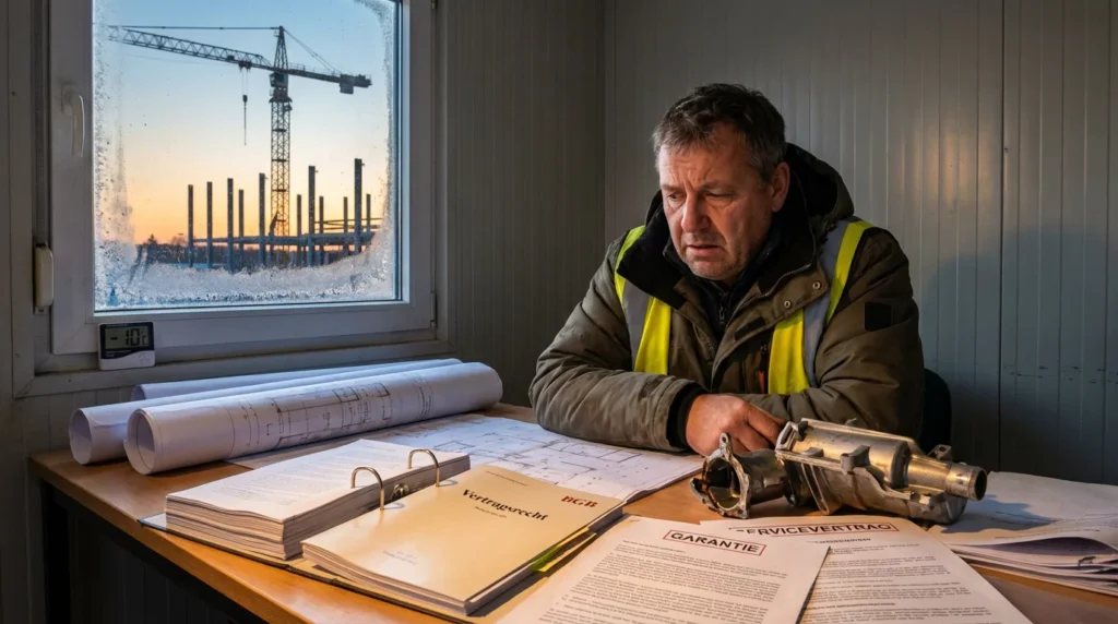 Ein modernes Büro auf einer deutschen Baustelle im Morgengrauen. Auf dem Schreibtisch liegen Baupläne und BGB-Dokumente. Daneben ein defektes Wärmepumpenteil und Garantieunterlagen mit feinem Druck.