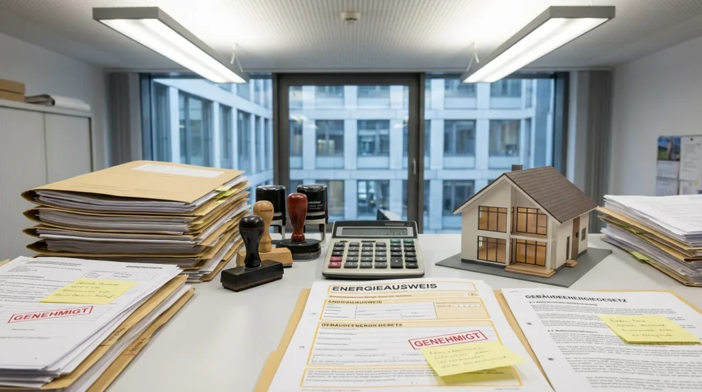 Ein Schreibtisch in einem deutschen Regierungsbüro, auf dem sich gestapelte Formulare, offizielle Stempel und ein Taschenrechner neben Unterlagen zur Energieeffizienz von Gebäuden befinden. Ein kleines Modellhaus steht ebenfalls auf dem Tisch.