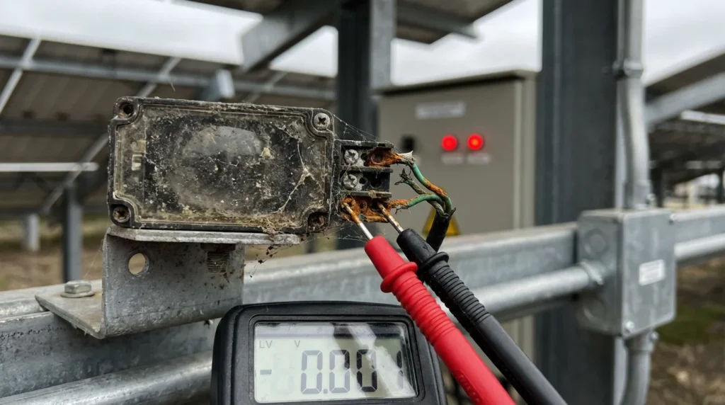 Nahaufnahme eines defekten Sensors in einer Solaranlage. Der fotoelektrische Sensor ist verschmutzt und beschädigt, mit sichtbaren Staubablagerungen und korrodierten Kabeln.