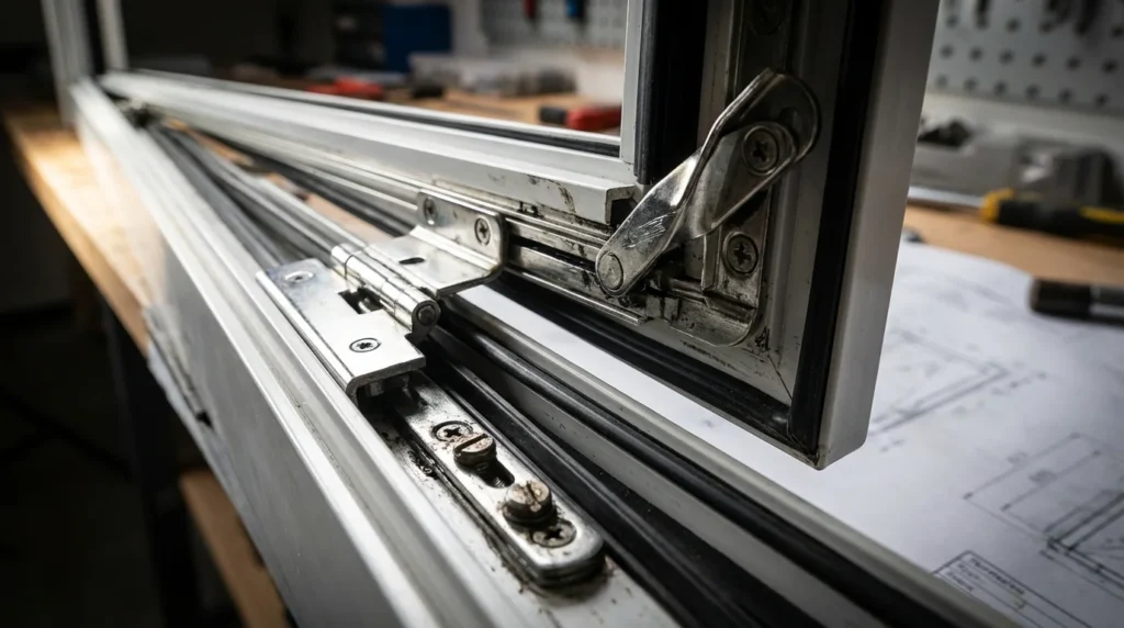Nahaufnahme eines modernen Dreh-Kipp-Fensterbeschlags. Man sieht deutlich die Metall-Scharniere, Gummidichtungen und Einstellschrauben. Einige Teile sind teilweise zerlegt, um die Mechanik besser zu zeigen.
