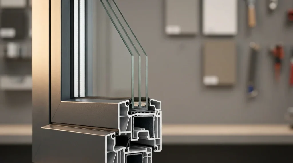 Nahaufnahme eines modernen Dreifachfenster-Querschnitts in einem Showroom. Man sieht Stahlverstärkungen, eine mehrkammerige Rahmenkonstruktion und präzise Dichtungen. Alles wirkt hochwertig und technisch durchdacht.