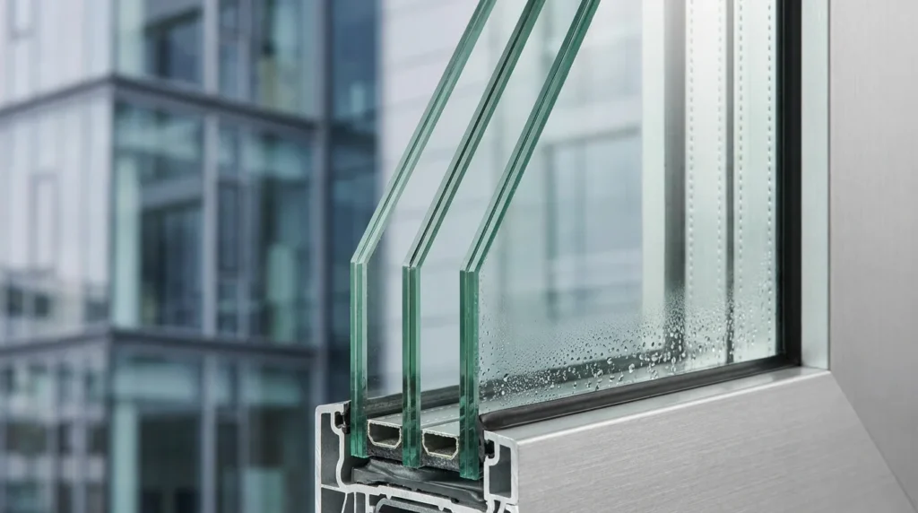 Nahaufnahme eines modernen dreifach verglasten Fensters im Querschnitt. Man sieht drei Glasscheiben und die dazwischenliegenden Kammern. Professionelle Studio-Beleuchtung hebt die technischen Details hervor.