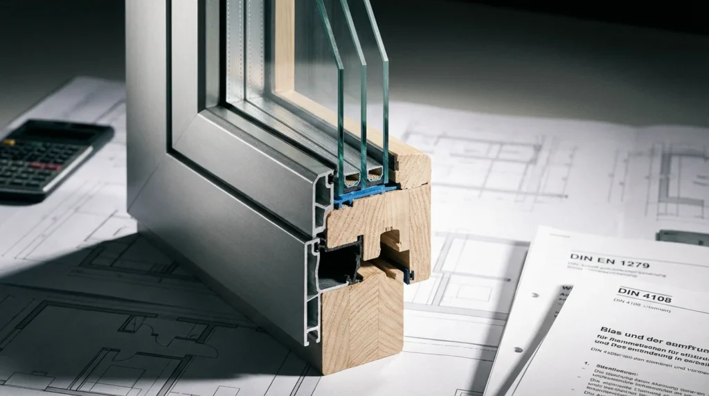 Nahaufnahme eines modernen dreifachverglasten Fensters im Querschnitt. Man sieht das Rahmenprofil, die Glasschichten und den thermischen Randverbund. Im Hintergrund liegen technische Baupläne auf einem Architektentisch.