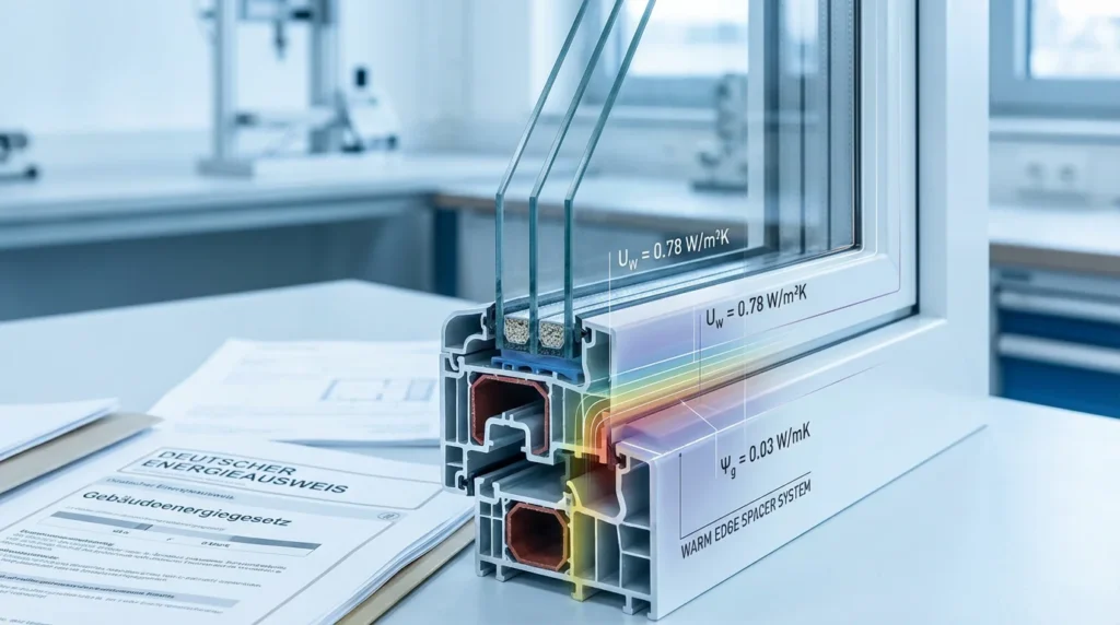 Ein modernes dreifachverglastes Fenster im Querschnitt. Man sieht die Verbindung zwischen Rahmen und Glas, wo ein thermischer Übergang ist. Ein warmes Abstandhalter-System ist hervorgehoben.