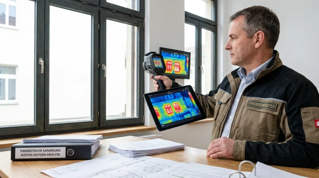 Ein deutscher Energieberater steht vor einem modernen Wohngebäude und untersucht die Fensterrahmen mit einer Wärmebildkamera. Auf seinem Tablet sind die Wärmeverluste deutlich zu erkennen.