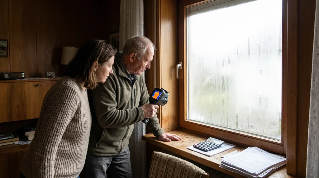 Ein Hausbesitzer und ein Energieberater betrachten alte Holzfenster in einem Wohnhaus aus den 1970er Jahren. Der Berater hält ein Gerät zur Wärmebildaufnahme in der Hand und erklärt dem Hausbesitzer die Ergebnisse.