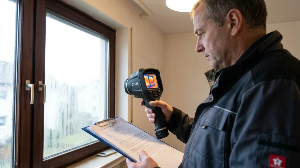 Ein Energieberater betrachtet das Display einer Wärmebildkamera, die Wärmeverluste um einen alten Fensterrahmen in einem Wohngebäude aus den 1970er Jahren zeigt. Man sieht deutliche Farbunterschiede, die auf Energieverlust hinweisen.