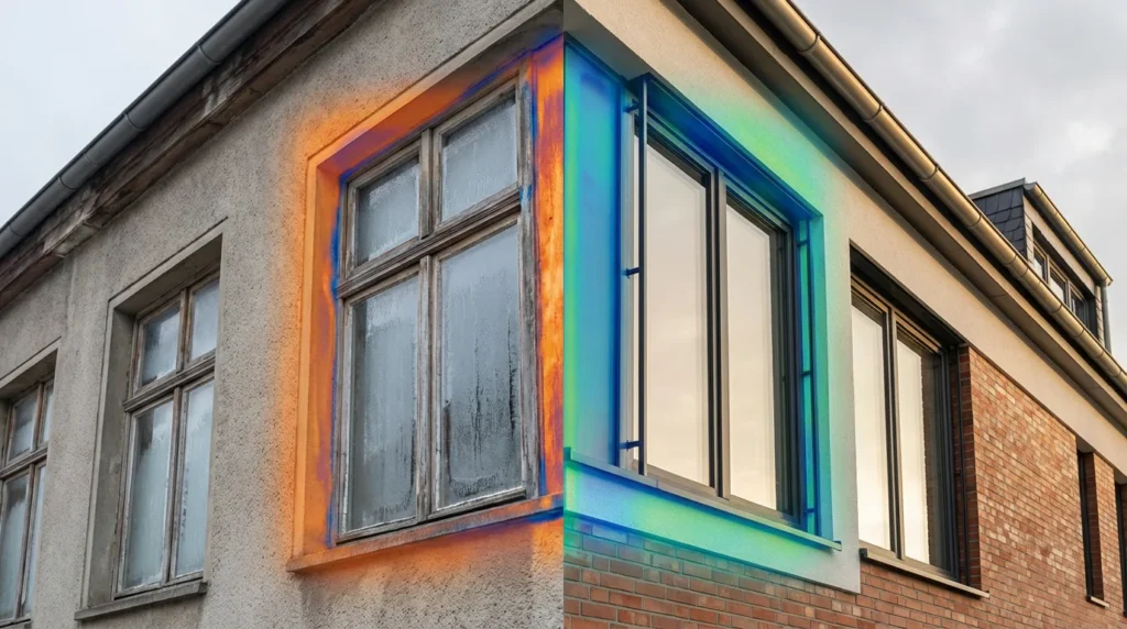 Ein professionelles Foto zeigt die Fassade eines Wohngebäudes in Deutschland. Links sind alte Einfachverglasungen, rechts moderne Dreifachverglasungen zu sehen. Die Beleuchtung hebt die Unterschiede in Stil und Energieeffizienz hervor.