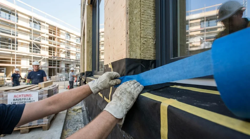 Ein Bauarbeiter bringt ein Abdichtungsband an der Verbindung zwischen Fenster und Wand an. Man sieht eine durchsichtige Dampfsperre, die sorgfältig um das Fenster herum angebracht ist, um die Gebäudehülle vor Feuchtigkeit zu schützen.