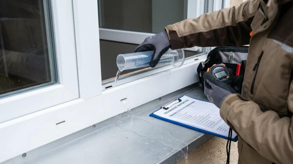 Ein Gebäudetechniker testet die Entwässerung eines Fensters. Er gießt Wasser aus einem Messzylinder in den Fensterrahmen und stoppt die Zeit mit einer Stoppuhr. Im Hintergrund sind Werkzeuge und Ausrüstung zu sehen.