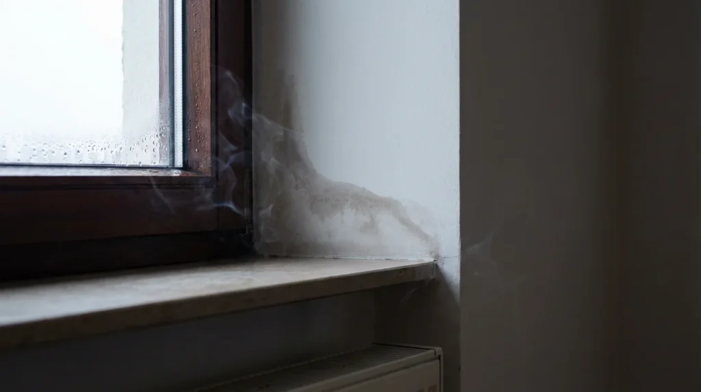 Ein professionelles Foto zeigt ein Fenster mit Kondenswassertropfen am inneren Rahmen. Man sieht leichte Anzeichen von Luftbewegung an der Verbindungsstelle zwischen Wand und Fenster.