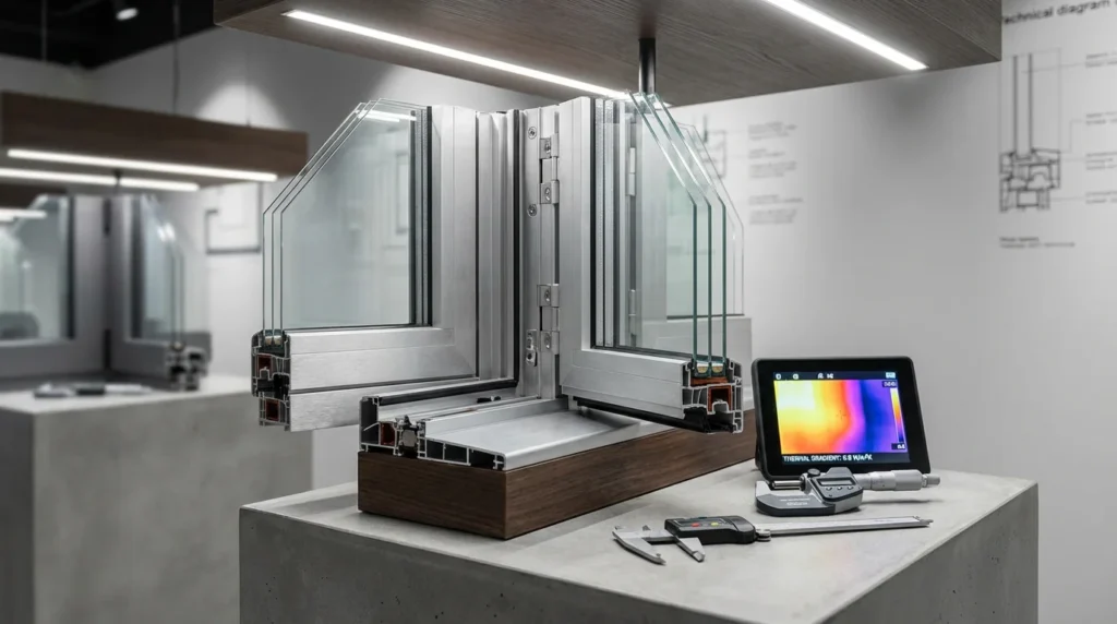 In einem technischen Showroom ist ein modernes Fenster im Querschnitt ausgestellt. Man sieht detaillierte Rahmenprofile, dreifache Verglasung und versteckte Beschläge. Alles wirkt sehr präzise und hochwertig verarbeitet.