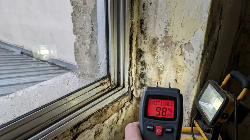 Ein professionelles Foto zeigt ein Fenster mit Feuchtigkeitsschäden. In den Ecken der Innenwand ist Schimmel sichtbar, und zwischen dem schlecht abgedichteten Fensterrahmen und dem Mauerwerk hat sich Kondenswasser gebildet.
