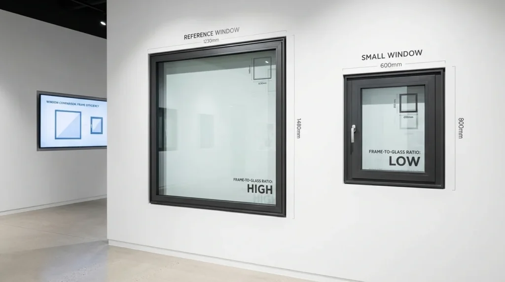 Ein professionelles Architekturfoto zeigt zwei nebeneinanderliegende Fenster zum Vergleich: ein großes Referenzfenster und ein kleineres. Beide sind in einer modernen Fassade montiert und bieten einen Kontrast in Größe und Design.