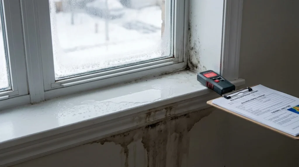 Ein professionelles Foto zeigt eine weiße Fensterbank mit Kondenswasser. Wassertropfen und Feuchtigkeitsschäden sind sichtbar. Draußen sieht man einen kalten Wintertag.