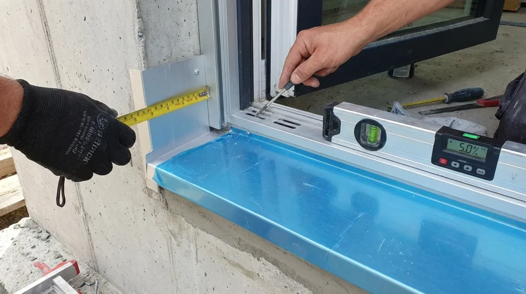 Ein Bauarbeiter überprüft mit einem Maßband die Fensterbankinstallation. Die Fensterbank hat eine 5-Prozent-Neigung nach außen und seitliche Aufkantungen von 30 mm. Im Hintergrund sind Bauwerkzeuge und Materialien zu sehen.