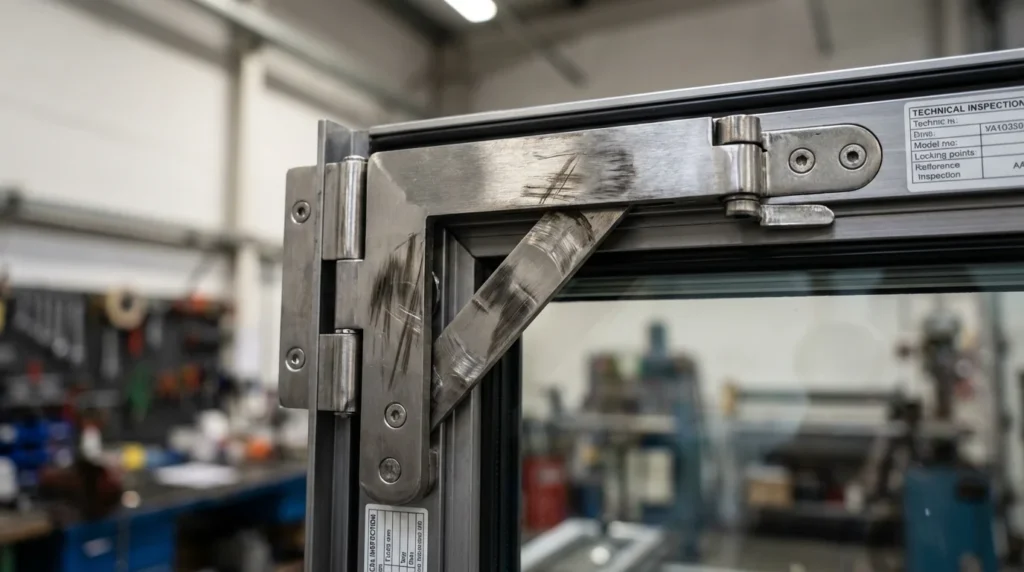 Nahaufnahme eines robusten Fensterbeschlags mit Scharnieren, die unter Belastung stehen. Man sieht den Ecklagermechanismus und mehrere Verriegelungspunkte an einem dreifach verglasten Fensterrahmen. Abnutzungsspuren sind erkennbar.