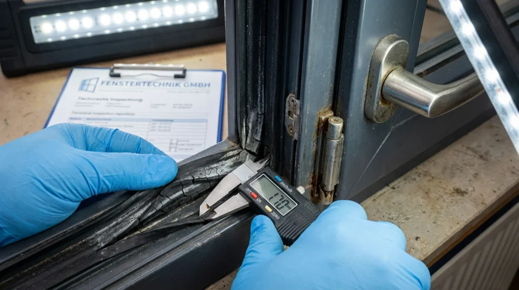 Nahaufnahme von alten Fensterbeschlägen und abgenutzten EPDM-Dichtungen. Ein Techniker mit Handschuhen hält Präzisionsmessschieber an das verschlissene Material, um den Verschleiß zu messen.