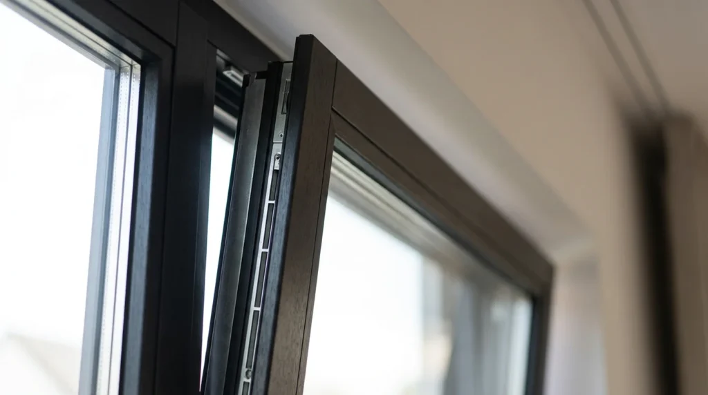 Nahaufnahme eines Fensterfalzlüfters in einem modernen dreifach verglasten Fenster. Man sieht die kleinen Lüftungsschlitze, die für eine kontrollierte Belüftung sorgen. Das Ganze wirkt technisch und präzise eingebaut.