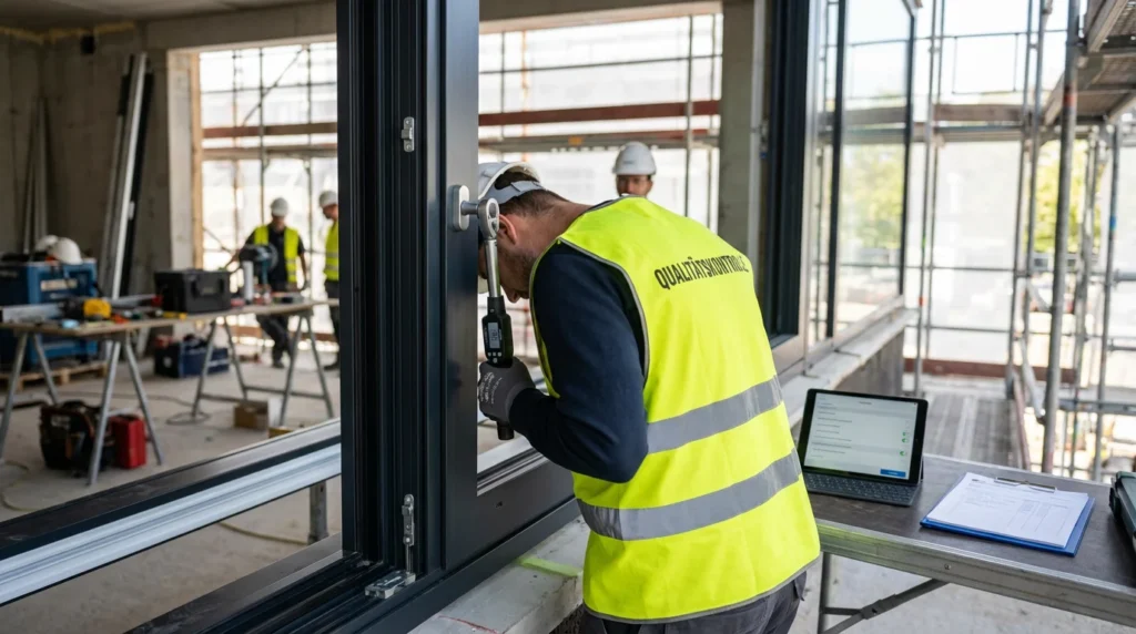 Ein Qualitätskontrolleur in Sicherheitsweste testet mit einem Drehmomentschlüssel die Funktion eines Fenstergriffs. Ein digitales Messgerät ist zu sehen, daneben liegt ein Klemmbrett mit einer Checkliste.
