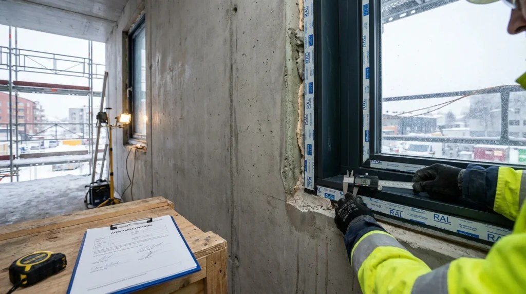 Ein Bauarbeiter installiert ein Fenster auf einer Baustelle. Man sieht die freiliegenden Montagedichtbänder und unverputzte Anschlussfugen. Die Hände des Arbeiters überprüfen die Qualität der Arbeit.