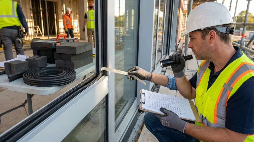 Ein Qualitätskontrolleur überprüft sorgfältig die Fensterinstallation. Er hält ein Klemmbrett und testet mit einem Papierstreifen die Dichtungen, während eine Taschenlampe die Verbindungen beleuchtet.